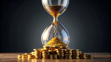 An animated hourglass with coins in the top half slowly falling into the bottom illustrating time and interest accumulation.