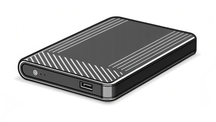 External hard drive illustration with sleek black design, featuring USB port and power button, isolated on white background