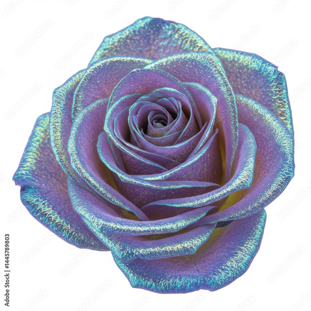Poster a close up of a purple rose with iridescent edges on a white background in full bloom view from abov