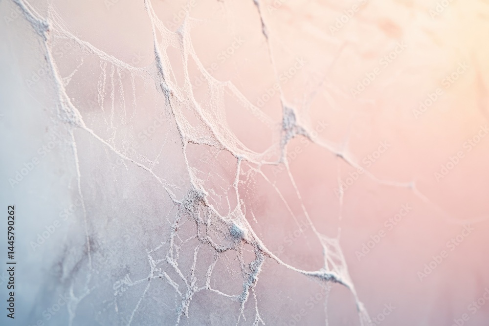 Poster a frost-covered spiderweb stretches across a soft, pastel background, creating a delicate and intric
