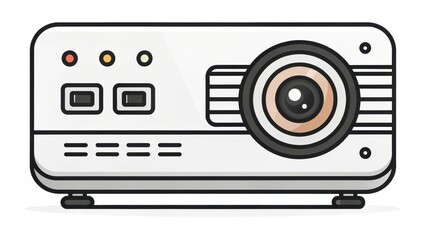 Illustration of portable projector with sleek design, featuring buttons, vents, and prominent lens, isolated on white background