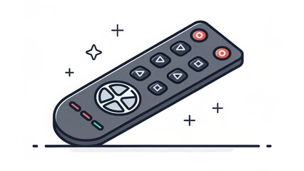 Sleek illustration of black smart TV remote with buttons and directional pad, isolated on white background with minimal decorative elements