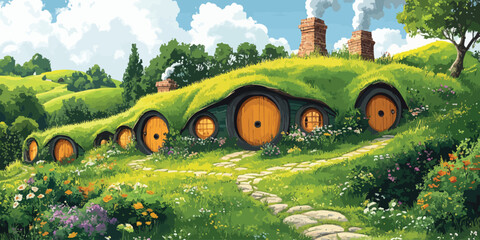 Charming modern flat design illustration of a hobbit village nestled in a lush green landscape with vibrant flowers and peaceful atmosphere