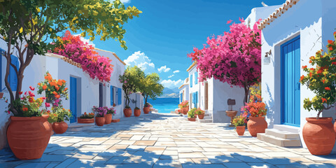 Vibrant Mediterranean square with pink flowers and blue doors in a modern flat design, evoking sunny coastal vibes