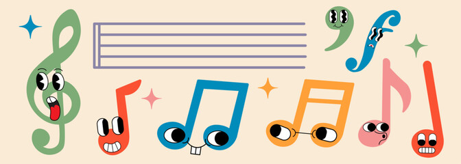 musical notations as groovy characters in doodle style in vector. Element for design advertisement mail posts poster print postcard banner mascot background