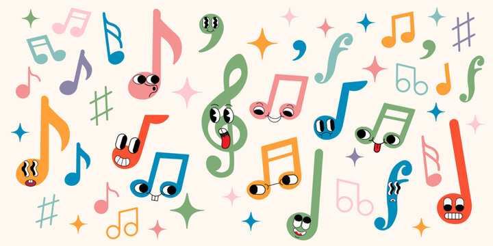 musical notations as groovy characters in doodle style in vector. Element for design advertisement mail posts poster print postcard banner mascot background