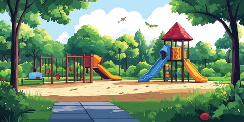 Modern playground design with slides, swings, and play structures in a sunny park environment