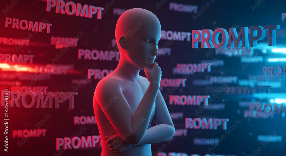 Poster prompt generation ai human model thinking about prompts for artificial intelligence systems and desi