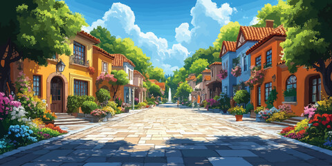 Obraz premium Vibrant summer day in town square with colorful houses and blooming flowers in a modern flat design