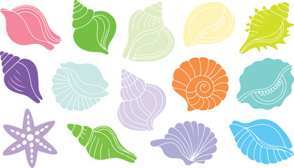 Colorful flat seashell illustrations in pastel tones vector illustration