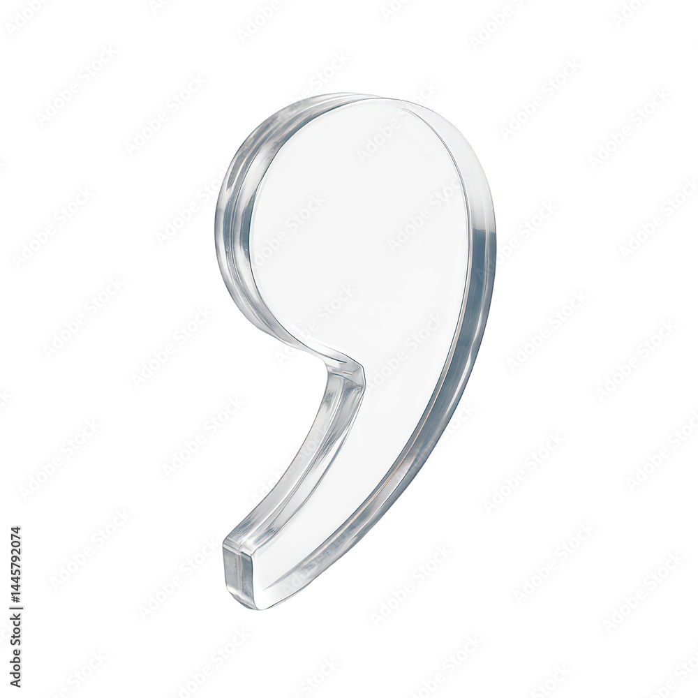 Poster elegant clear comma punctuation mark crafted from shimmering translucent material, capturing light w