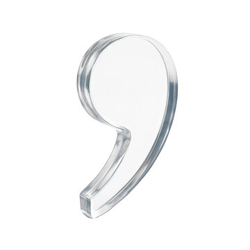 Elegant clear comma punctuation mark crafted from shimmering translucent material, capturing light with beautiful reflections.