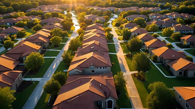 Aerial view of suburban residential neighborhood with rows of modern houses, green lawns, and tree-lined streets at sunset

