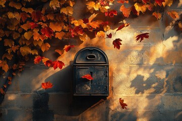 Autumn leaves fall on an old rustic mailbox mounted on a stone wall bathed in warm sunlight.