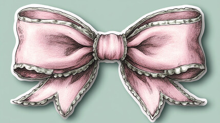 Pink ribbon bow with lace trim on pastel background