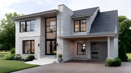 Fototapeta premium Modern Architectural Home Design with Stone and Wood Elements Surrounded by Lush Greenery