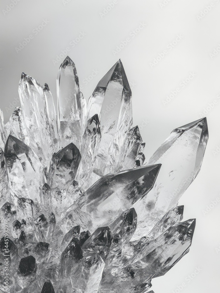 Poster a cluster of sharp, crystalline structures, gleaming with translucent brilliance against a muted bac