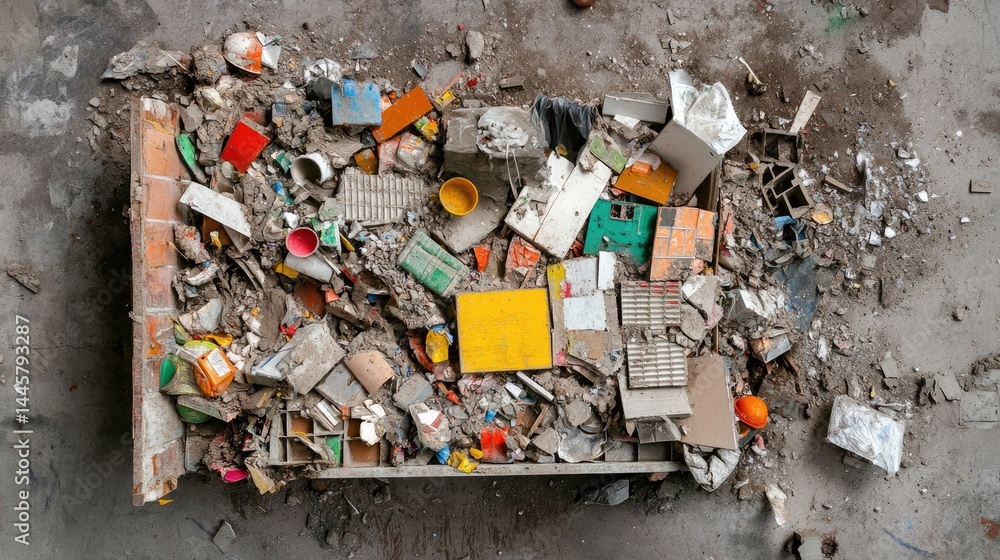 Poster high-angle shot of a waste skip containing mixed construction and demolition waste, with a distinct 