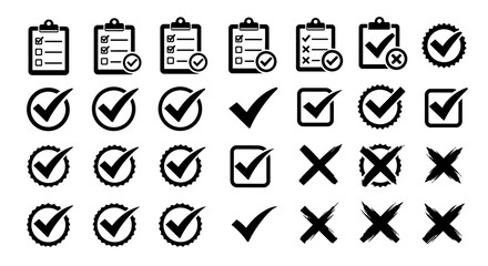 Checklist check mark vector icon set symbol clip board list survey form task management approved rejected
