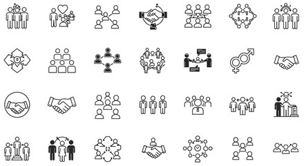 People connection network team collaboration partnership cooperation community outline icon set vector design
