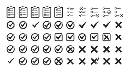 Checklist checkmark cross icons vector set for ui design task management survey form approval complete list
