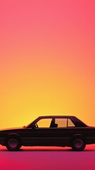 Silhouette of a classic sedan car parked against vibrant sunset sky with gradient pink orange and yellow hues, creating a dramatic and striking visual scene