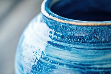 Close-up of a handcrafted, blue ceramic pot with a textured surface, showcasing its unique artistry.