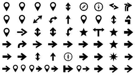 Vector navigation icons set: map pointers, arrows, compass, stars, direction signs, location pins, gps icons

