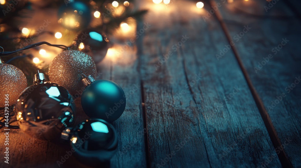 Poster high-resolution image of christmas baubles and glowing string lights on a rustic wooden background w