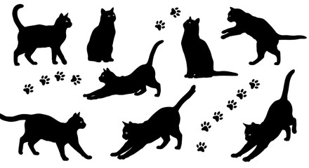 Black cat silhouette vector illustration set, cute cats in different poses with paw prints graphic design
