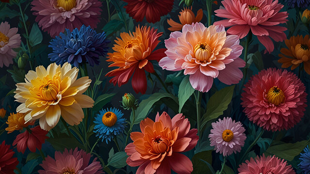 Vintage floral artwork collection in a portfolio natural background with dahlias top view bright floral
