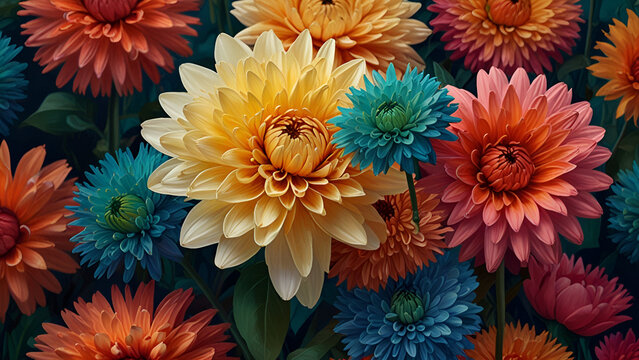 Chrysanthemum blooms portrayed in a close up view featuring a range of hues  modern and colorful flower wallpaper background pattern design
