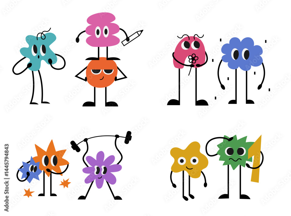 Aufkleber set funny shape with smiling character. abstract mascots in flat style. faces with various comic emo