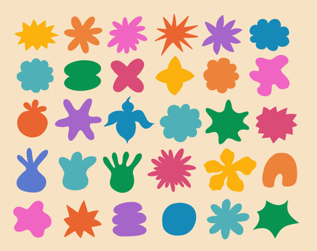 Set of abstract basic shapes. Organic stars and flowers elements. . Comic doodle figure in flat style