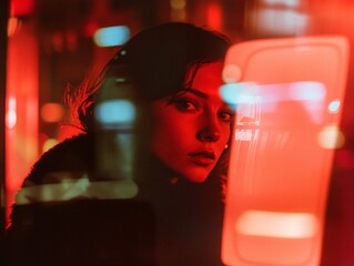 Futuristic ai-powered urban experience neon city cinematic portrait nighttime close-up emotion-driven exploration