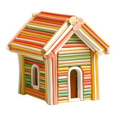 Colorful house made of various length and color candy sticks with detailed design for a playful and vibrant decoration or craft project