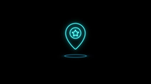 Glowing neon line Map pointer with star icon animation.Neon map pin icon. Glowing neon marker sign, destination point, location marker, address place.