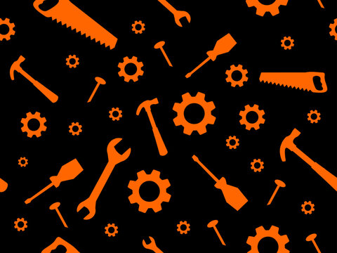 black background pattern with orange work tools