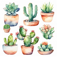 Watercolor Illustration of Cactus with Soft Green Tones and Artistic Brush Strokes on White Background