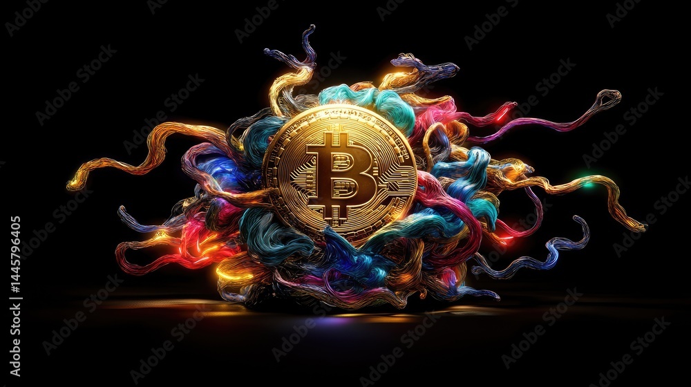 Aufkleber Vibrant crypto illustration with Bitcoin at the center of a glowing circular node network