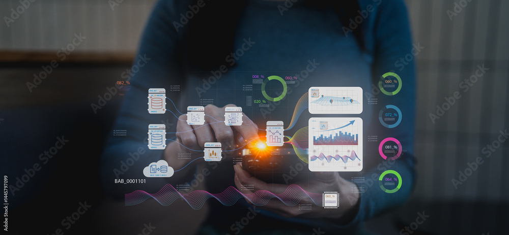 Poster a person interacts with futuristic digital data visualizations, including charts, graphs, and analyt