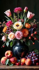 Vibrant floral arrangement featuring roses, tulips, and seasonal fruits in black vase