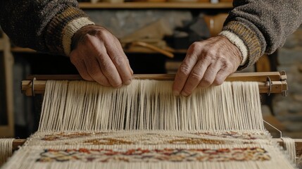 Elderly artisan weaving a rug