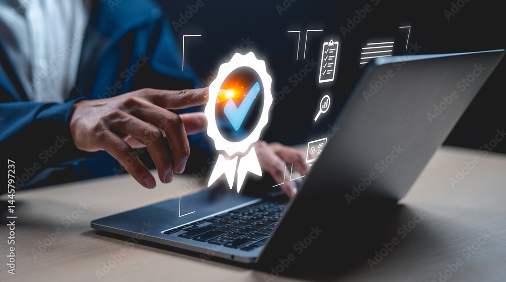 Poster businessman interacts with a laptop, selecting a digital certification icon representing approval or