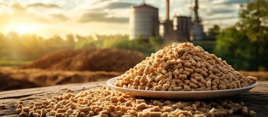 Closeup of a large pile of freshly harvested organic soybeans on a wooden plate or surface with an industrial factory or silos in the blurred background at sunset  Concept of agriculture