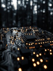 Close-up of illuminated circuit board against a blurred forest background, showcasing technological intricacy in nature.