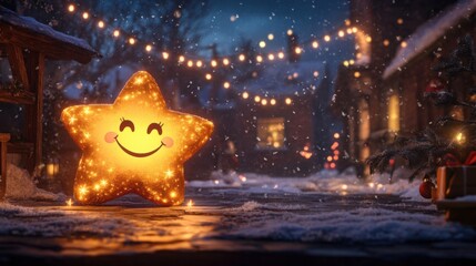 Beautifully lit Christmas night scene with a radiant smiling star, warm string lights, richly detailed textures, and gentle snowfall.