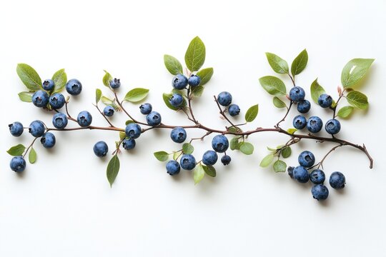 Wild blueberry branch with ripe berries lush green leaves white background natural light vibrant