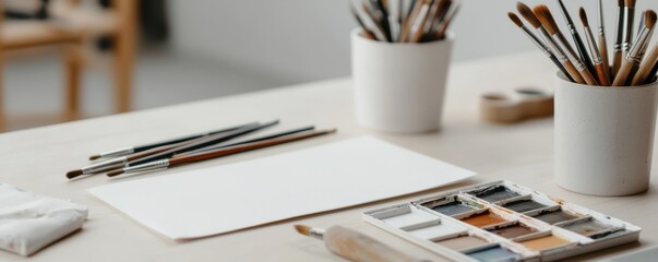 A clean workspace with paintbrushes, watercolor paints, and blank paper ready for an art project.