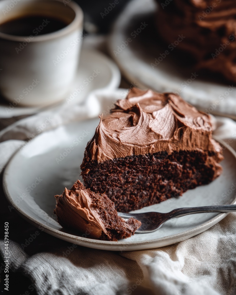Poster slice of generic cake with generic frosting on a white plate with a fork and a cup of coffee on a li